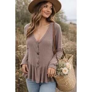 Boho Peplum Waffle Knit Top Soft Cottagecore Romantic Button Front Long Sleeve